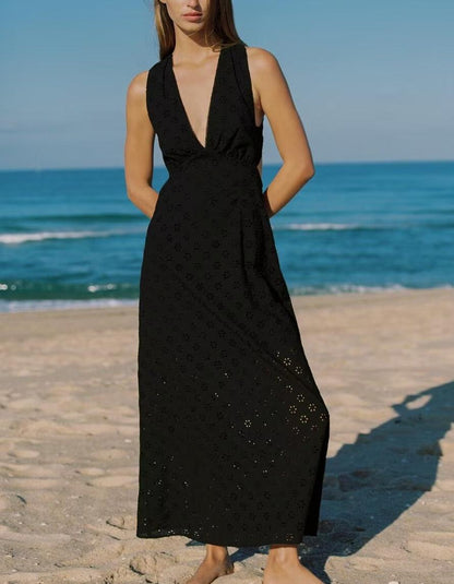 Women Clothing Summer French Hollow Out Cutout Embroidered Halter Sleeveless Dress