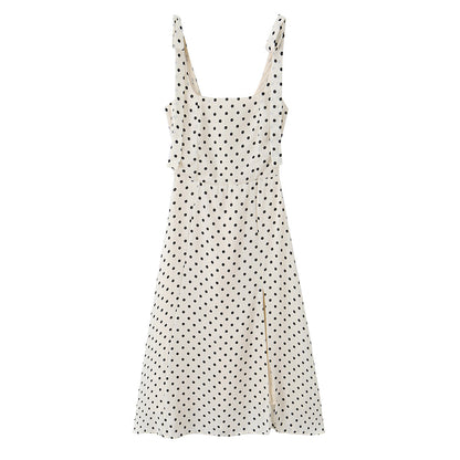 Side Slit Strap Dress for Women Summer French Polka Dot Print Slim Fit Slimming Lace up Suspender Long Dress