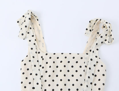 Side Slit Strap Dress for Women Summer French Polka Dot Print Slim Fit Slimming Lace up Suspender Long Dress