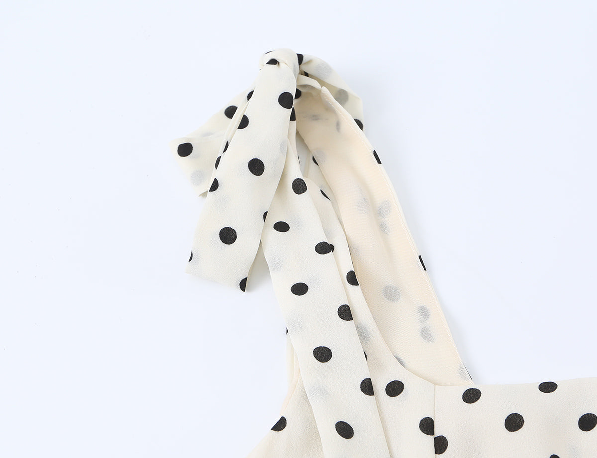 Side Slit Strap Dress for Women Summer French Polka Dot Print Slim Fit Slimming Lace up Suspender Long Dress