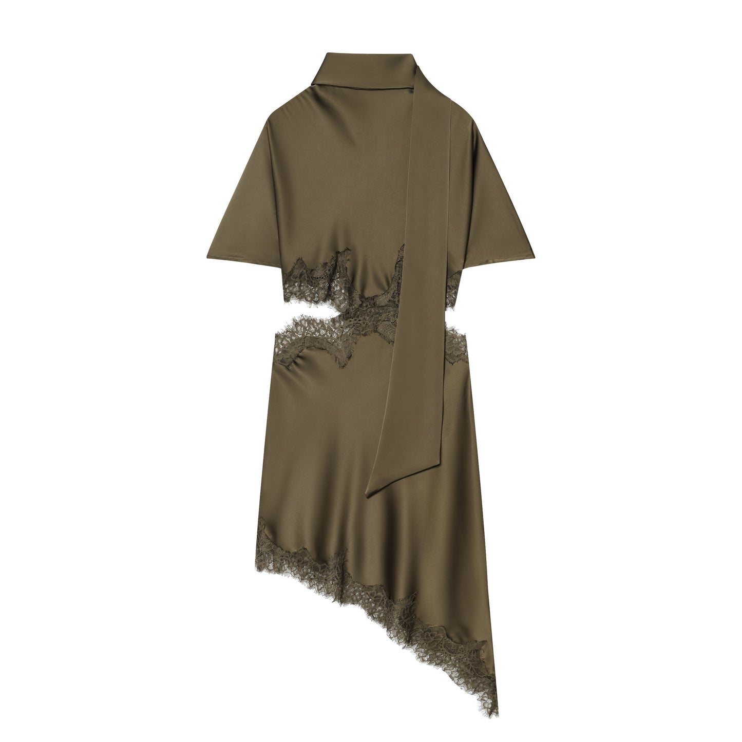 Sexy Lace Stitching Silk Satin Texture Waist Hollow Out Cutout Scarf Decoration Irregular Asymmetric Slim Fit Dress