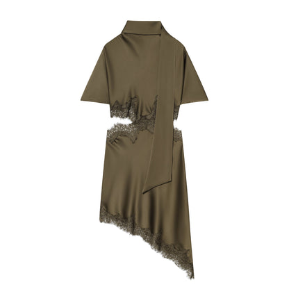Sexy Lace Stitching Silk Satin Texture Waist Hollow Out Cutout Scarf Decoration Irregular Asymmetric Slim Fit Dress