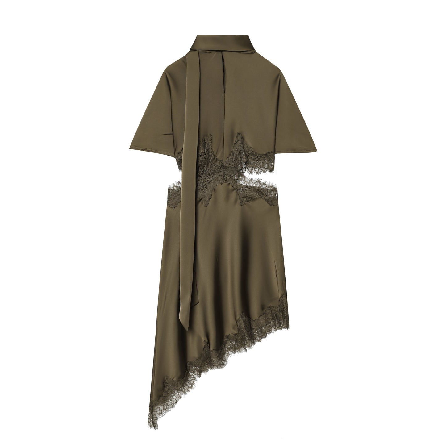Sexy Lace Stitching Silk Satin Texture Waist Hollow Out Cutout Scarf Decoration Irregular Asymmetric Slim Fit Dress