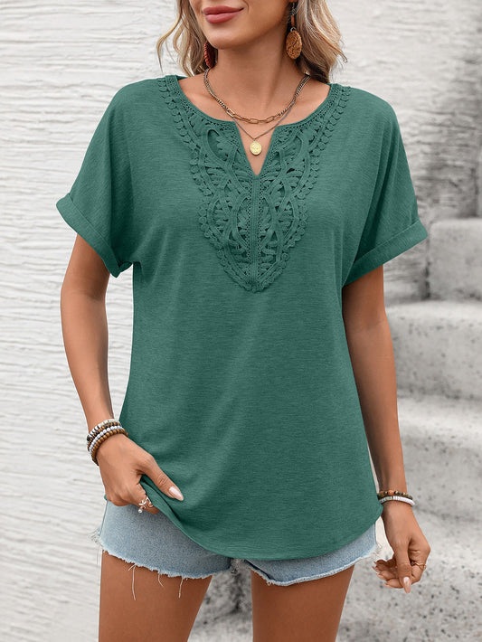 Women Clothing Spring Summer Solid Color V neck Lace Loose Short Sleeve T shirt Top