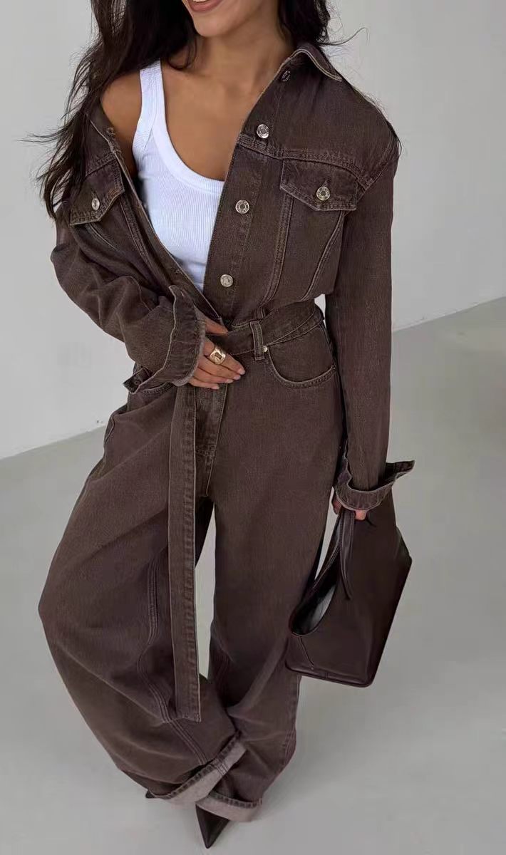 Women Clothing Summer Casual Solid Color Denim Cargo Pants Jumpsuit