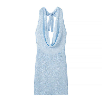 Gorgeous Thin Glittering Knitted Swing Collar Sleeveless Halter Backless Elegant Dress Women Summer Sexy Tight Waist Hip Dress