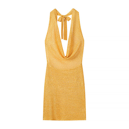 Gorgeous Thin Glittering Knitted Swing Collar Sleeveless Halter Backless Elegant Dress Women Summer Sexy Tight Waist Hip Dress