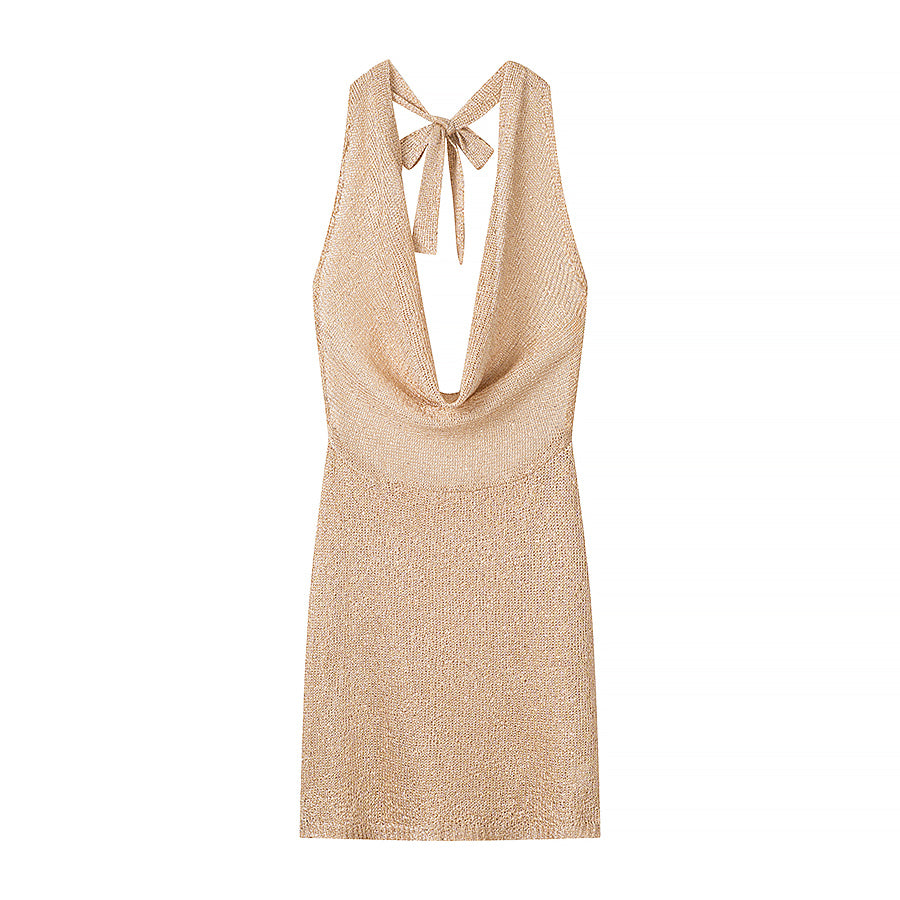 Gorgeous Thin Glittering Knitted Swing Collar Sleeveless Halter Backless Elegant Dress Women Summer Sexy Tight Waist Hip Dress