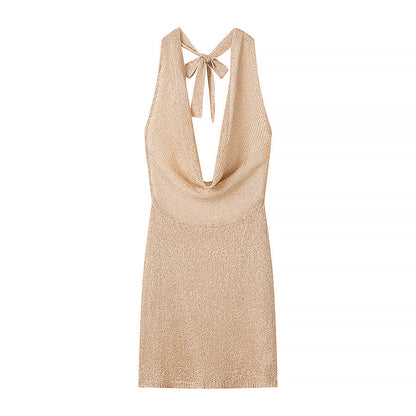 Gorgeous Thin Glittering Knitted Swing Collar Sleeveless Halter Backless Elegant Dress Women Summer Sexy Tight Waist Hip Dress