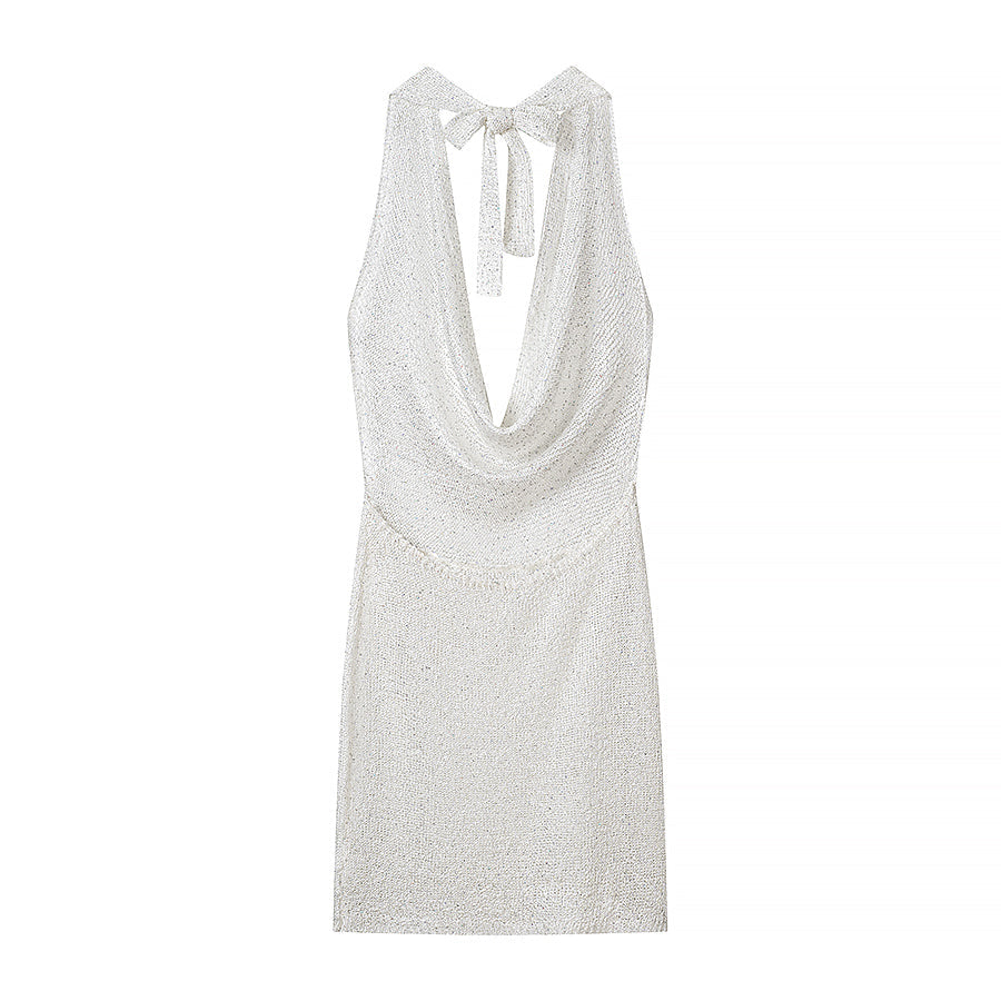 Gorgeous Thin Glittering Knitted Swing Collar Sleeveless Halter Backless Elegant Dress Women Summer Sexy Tight Waist Hip Dress