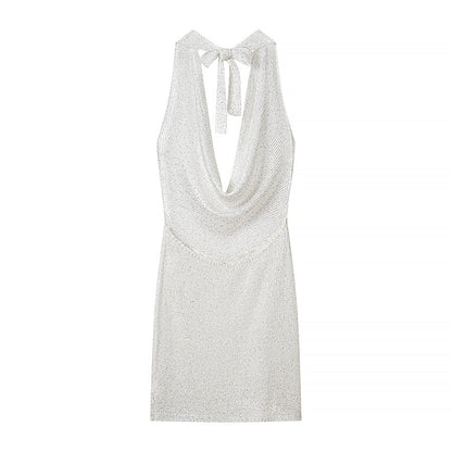 Gorgeous Thin Glittering Knitted Swing Collar Sleeveless Halter Backless Elegant Dress Women Summer Sexy Tight Waist Hip Dress