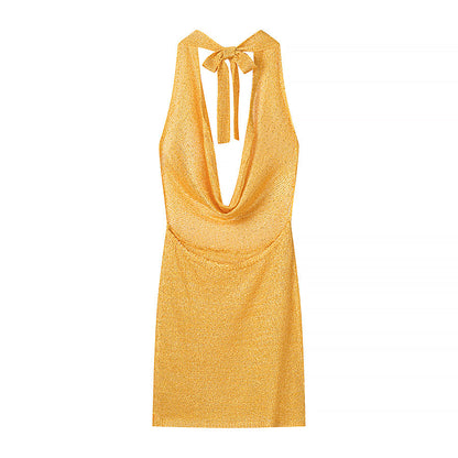Gorgeous Thin Glittering Knitted Swing Collar Sleeveless Halter Backless Elegant Dress Women Summer Sexy Tight Waist Hip Dress