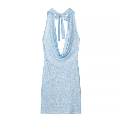 Gorgeous Thin Glittering Knitted Swing Collar Sleeveless Halter Backless Elegant Dress Women Summer Sexy Tight Waist Hip Dress