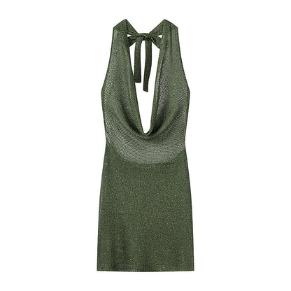 Gorgeous Thin Glittering Knitted Swing Collar Sleeveless Halter Backless Elegant Dress Women Summer Sexy Tight Waist Hip Dress