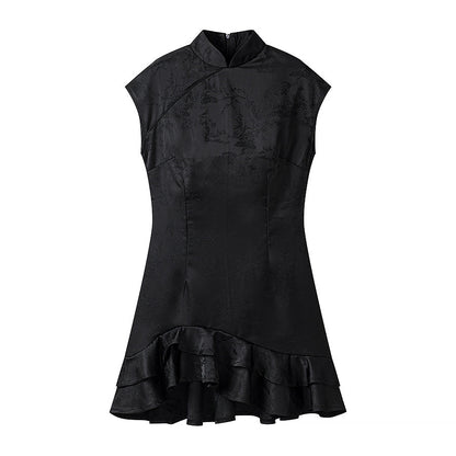 Summer Stand Collar Dress Tight Waist Women Clothing Ruffled Popular Dress