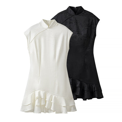 Summer Stand Collar Dress Tight Waist Women Clothing Ruffled Popular Dress