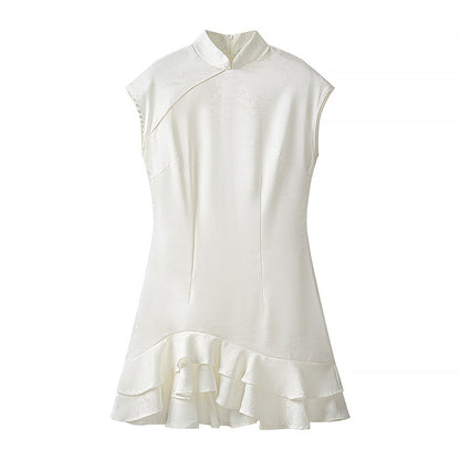 Summer Stand Collar Dress Tight Waist Women Clothing Ruffled Popular Dress