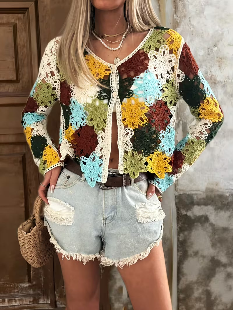 Women Hollow Embroidered Crochet Patterned Bohemian Style Colorful Knitted Cardigan