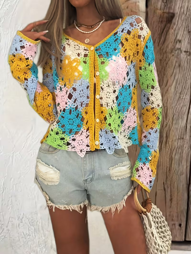 Women Hollow Embroidered Crochet Patterned Bohemian Style Colorful Knitted Cardigan