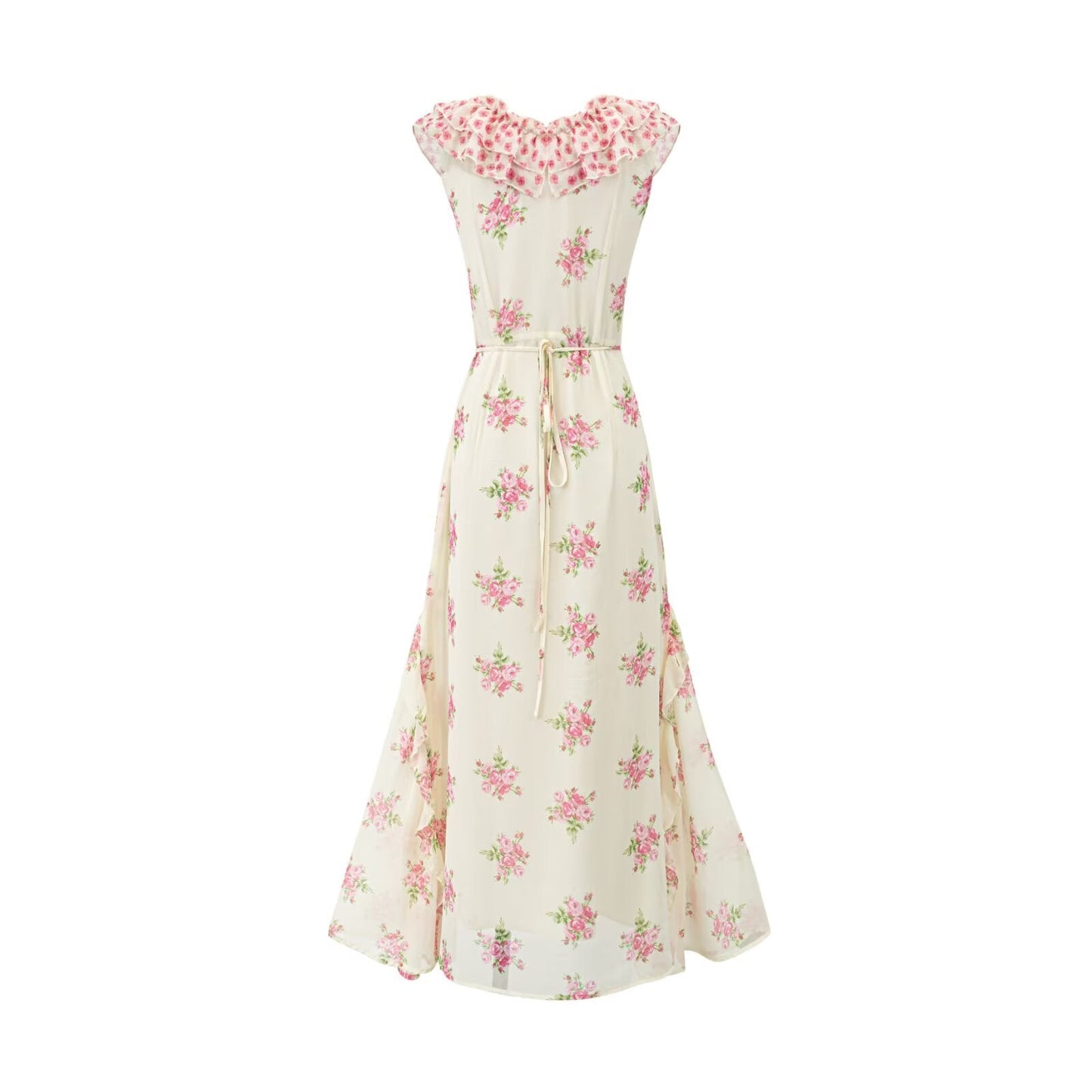 Sweet Elegant Pink Floral Ribbon Dress Summer Tight Waist Slimming Flounce Beautiful Dress
