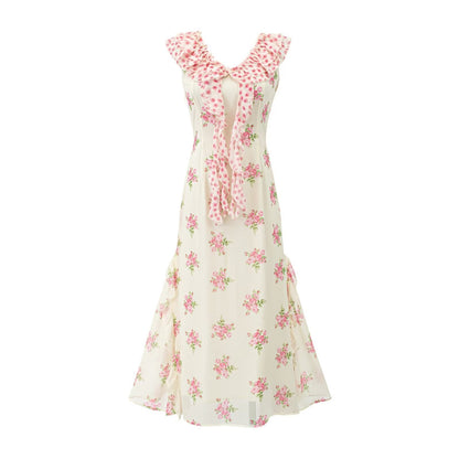 Sweet Elegant Pink Floral Ribbon Dress Summer Tight Waist Slimming Flounce Beautiful Dress