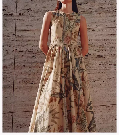 Women Clothing Summer Plant Print Sleeveless Dress