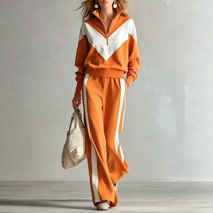 Women's Colour-Block Chevron Half-Zip Sweatshirt & Wide-Leg Side-Stripe Tracksuit Set