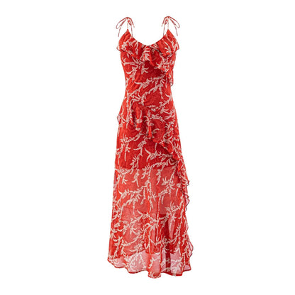Summer Chiffon Printed Tea Dress V neck Elegant Waist Controlled Slimming Dress