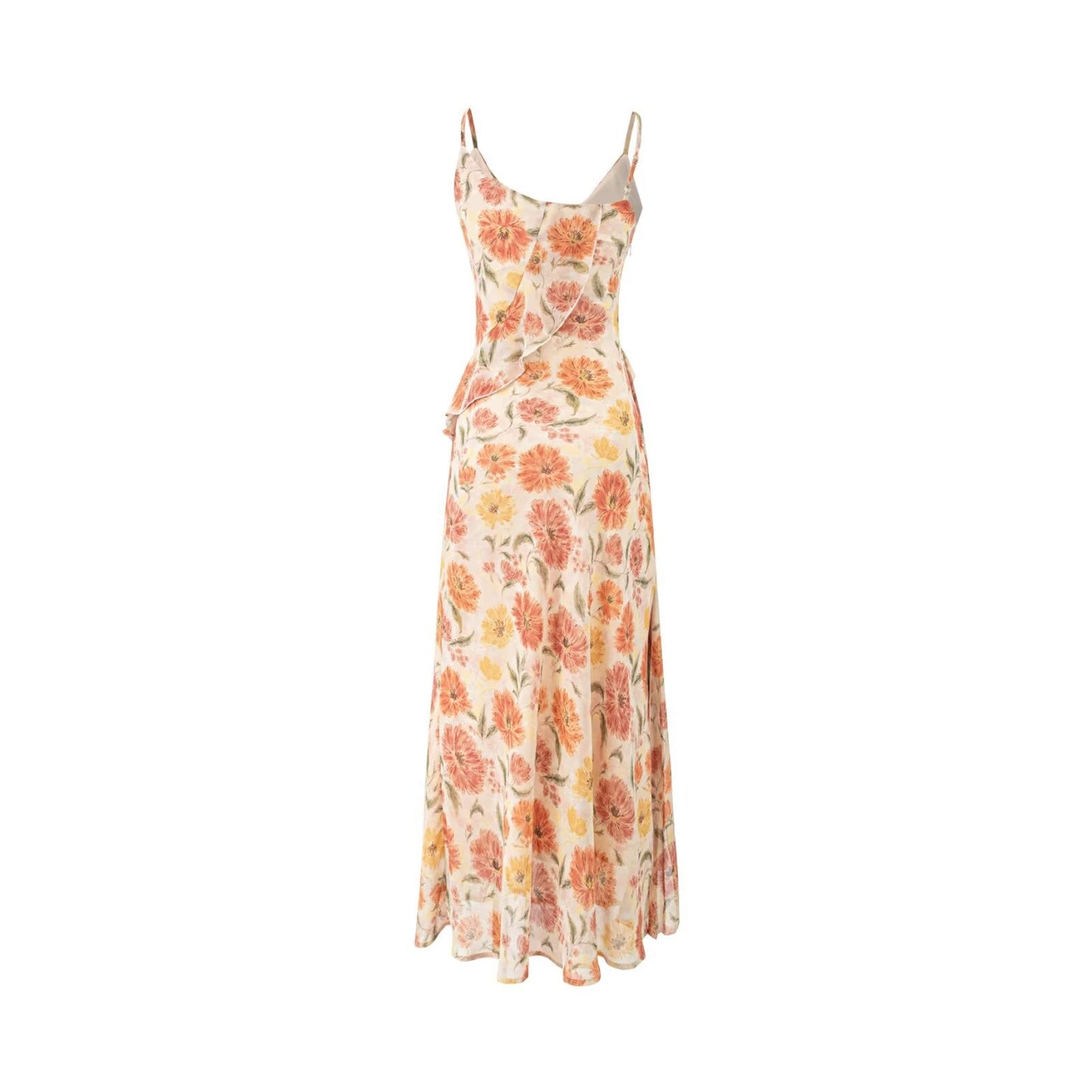 Floral Flounce V neck Brace Summer Waist Slimming Printed Dress Long Dress
