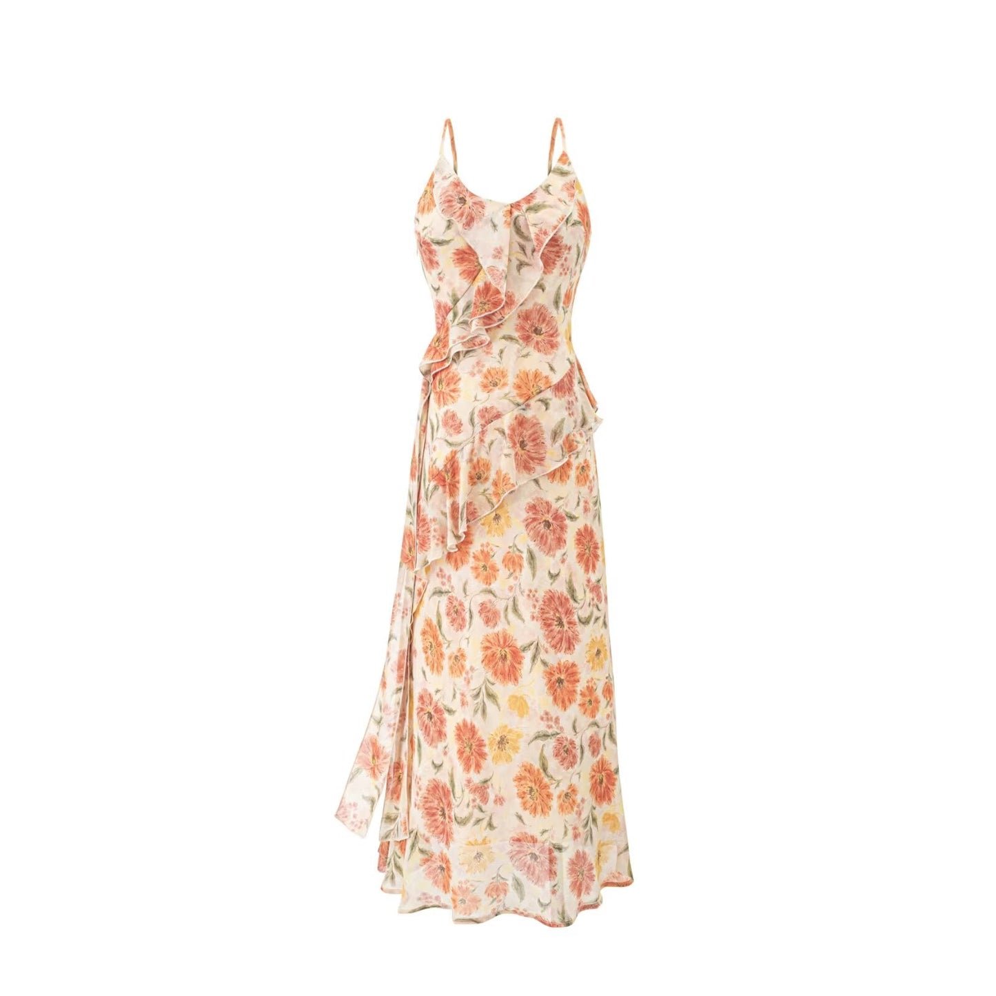 Floral Flounce V neck Brace Summer Waist Slimming Printed Dress Long Dress