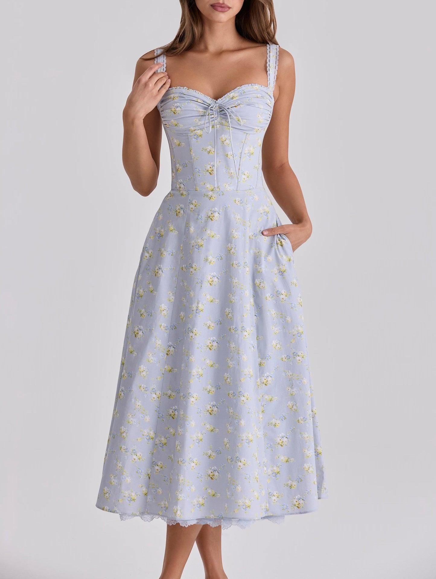 Lace Edge Elegant Baby Blue Print Boning Corset Waist Trimming Spaghetti Straps Vest Dress