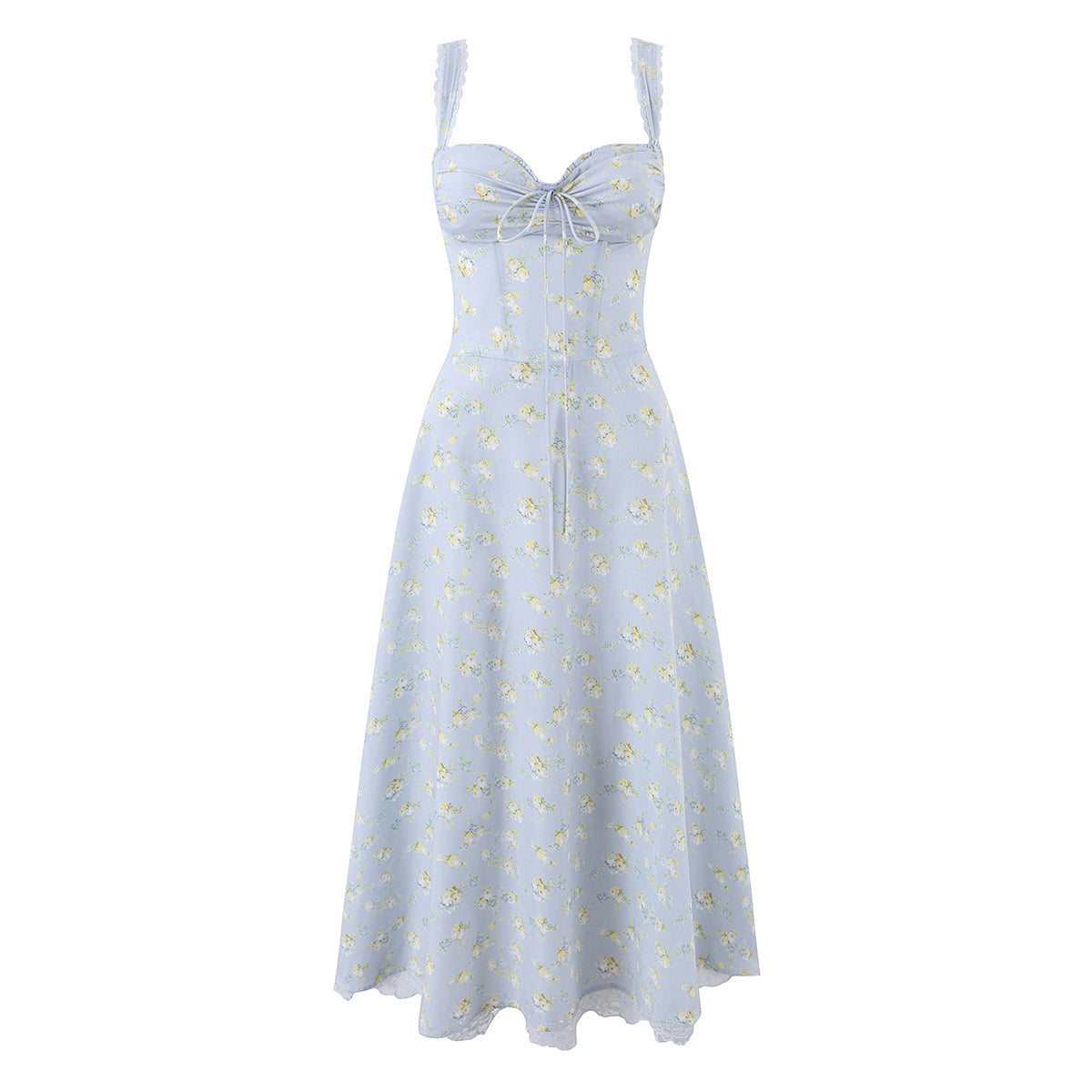 Lace Edge Elegant Baby Blue Print Boning Corset Waist Trimming Spaghetti Straps Vest Dress