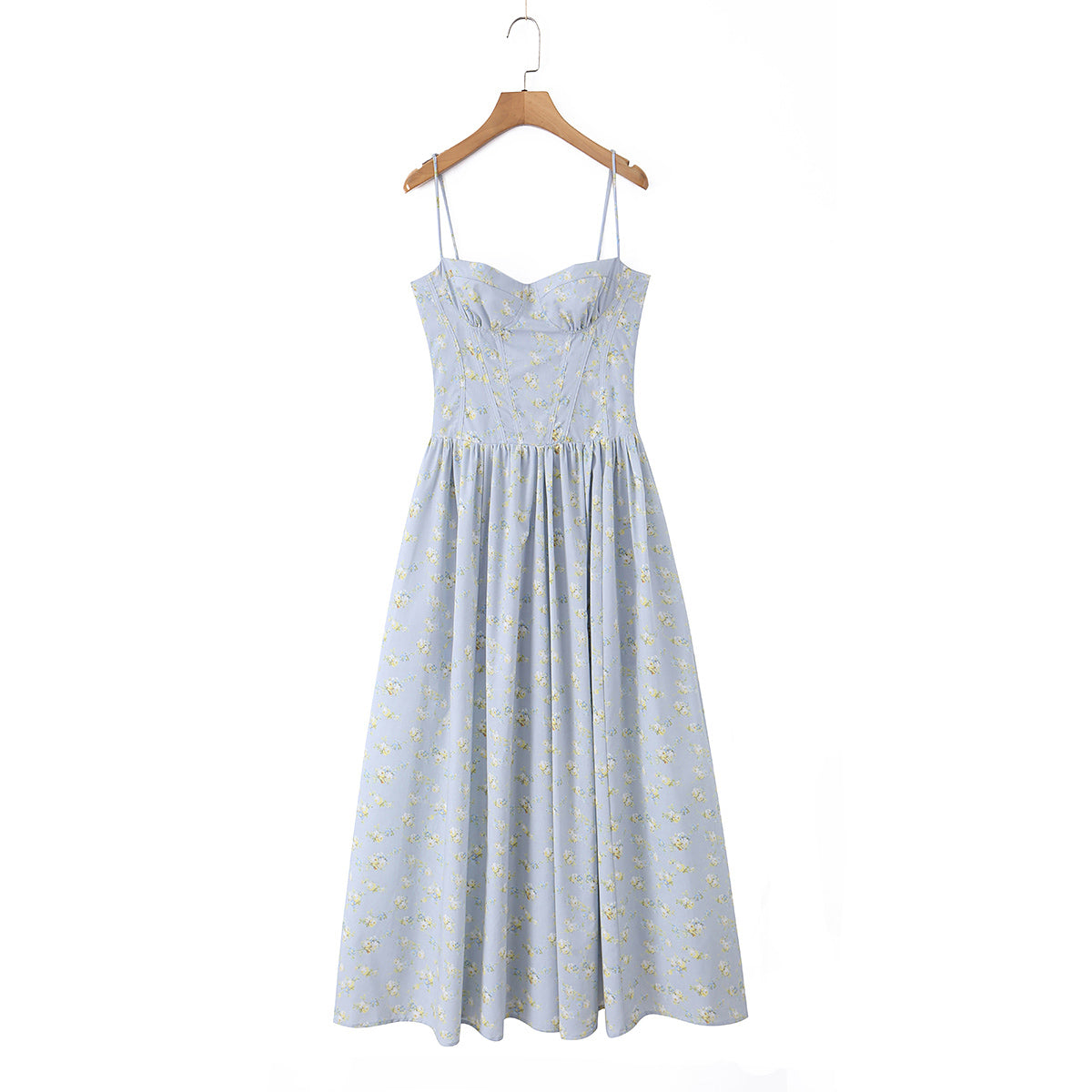 Retro Elegant Floral Pastoral Lace up Waist Controlled Strap Dress Long Dress