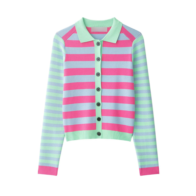 Women Clothing Summer Casual Contrast Color Striped Collared Knitted Coat