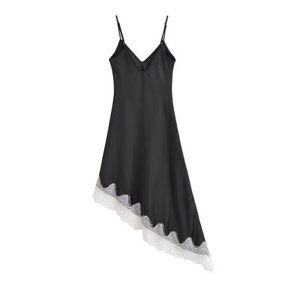 Women Clothing Western Classic Lace Texture Silk Satin Texture Dress