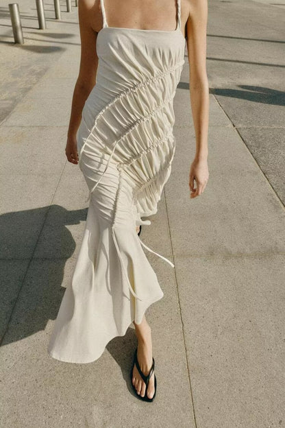 Women Clothing Summer Fashionable Asymmetric Pleated Suspender Maxi Dress