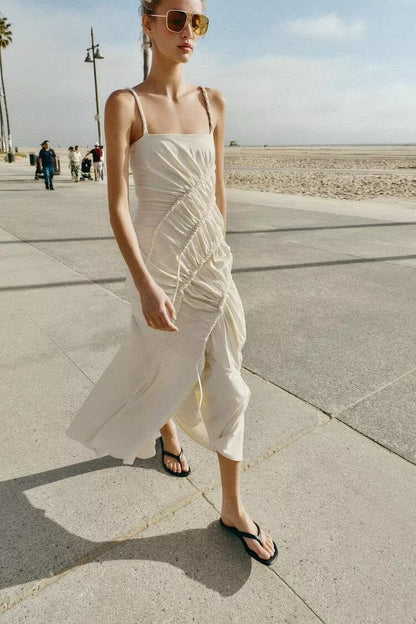 Women Clothing Summer Fashionable Asymmetric Pleated Suspender Maxi Dress