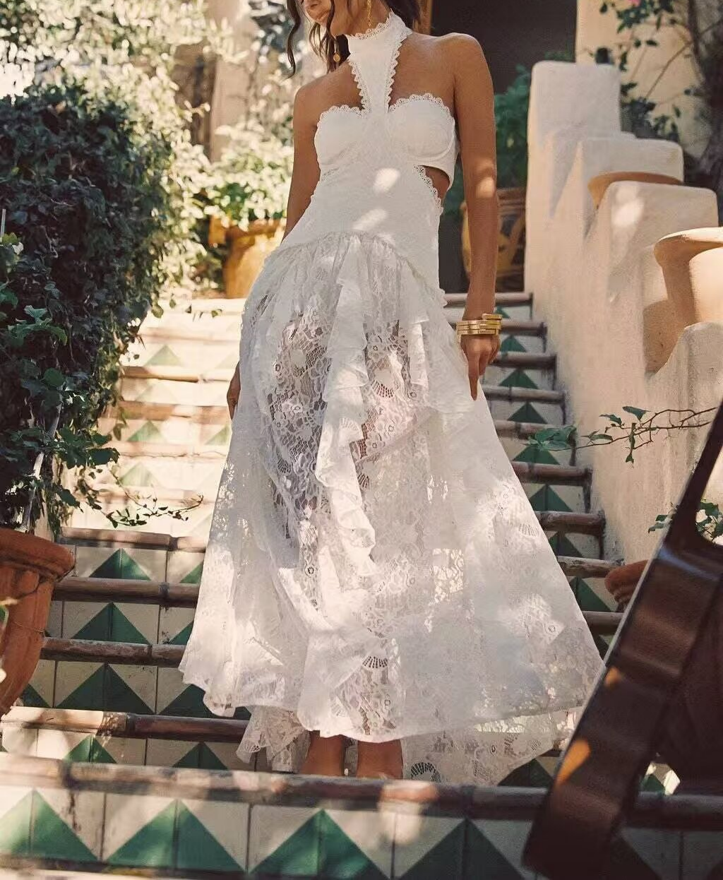 Lace Embroidered Silk Lace Tulle Backless French Halter Dress Women Summer Vacation Lightweight Dress
