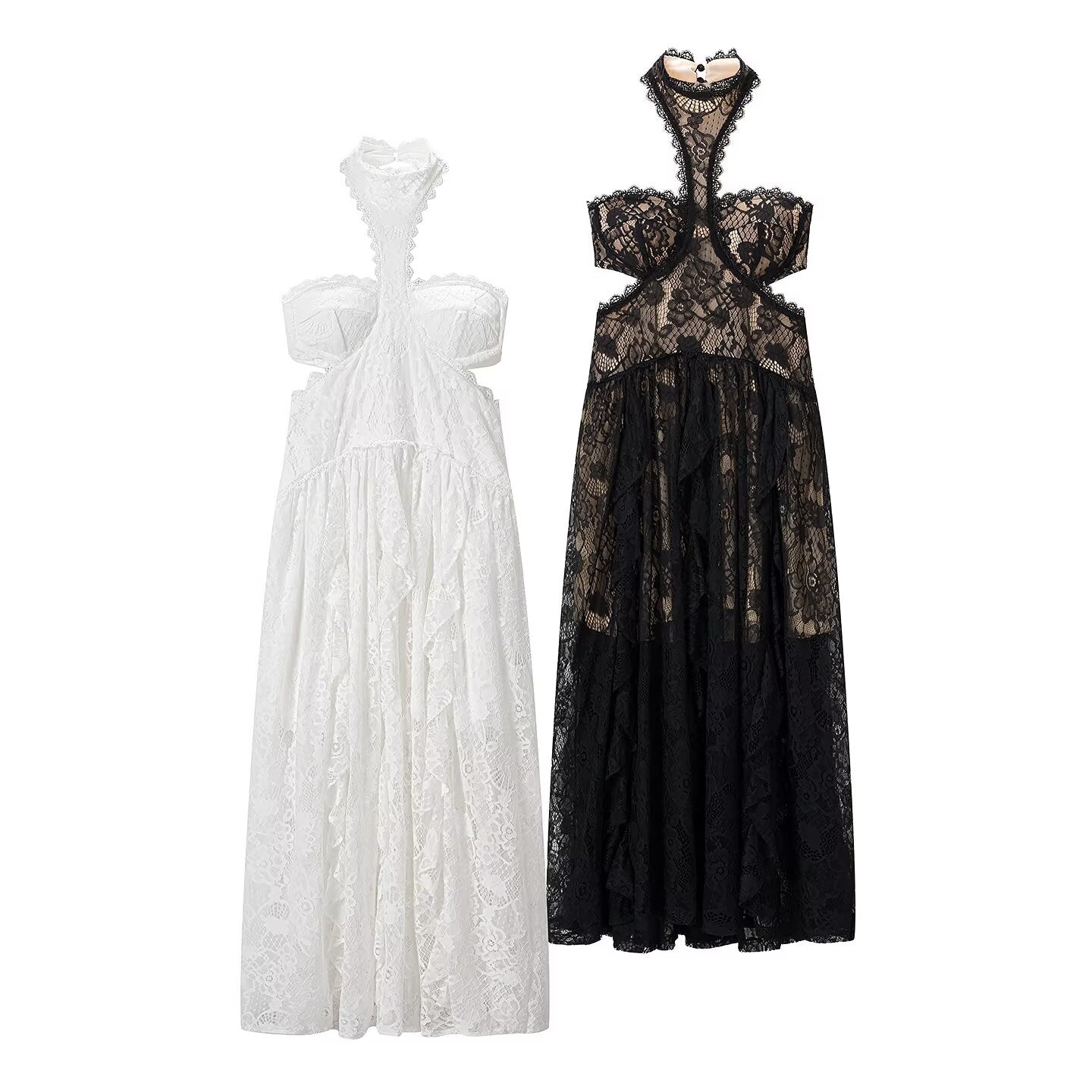Lace Embroidered Silk Lace Tulle Backless French Halter Dress Women Summer Vacation Lightweight Dress