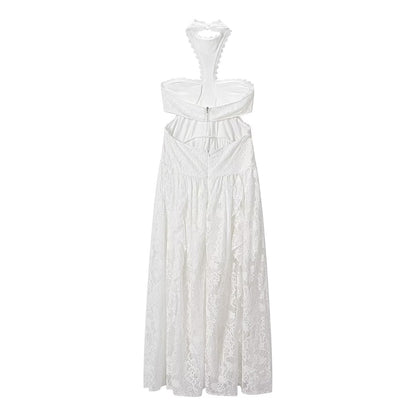 Lace Embroidered Silk Lace Tulle Backless French Halter Dress Women Summer Vacation Lightweight Dress