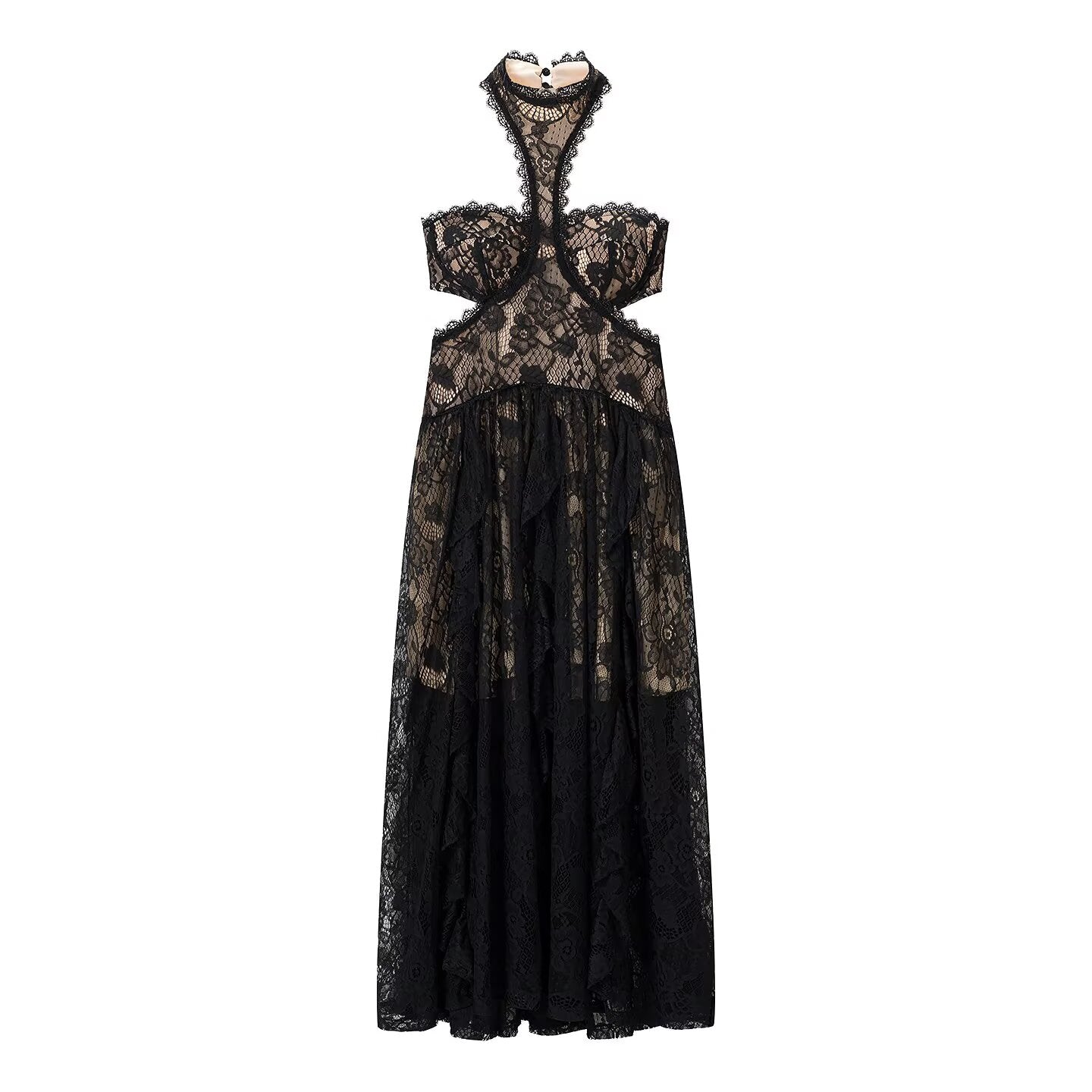 Lace Embroidered Silk Lace Tulle Backless French Halter Dress Women Summer Vacation Lightweight Dress