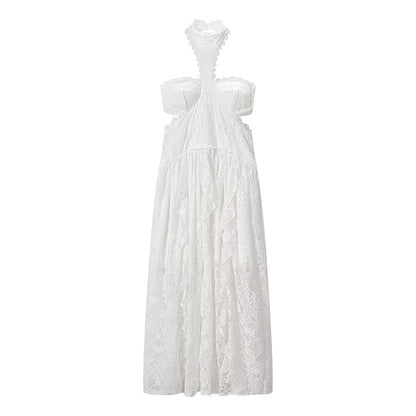 Lace Embroidered Silk Lace Tulle Backless French Halter Dress Women Summer Vacation Lightweight Dress