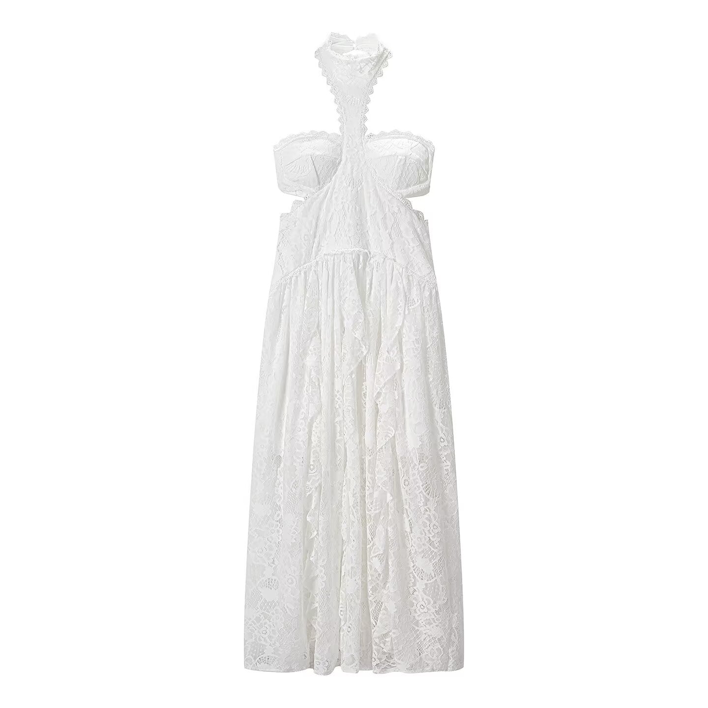 Lace Embroidered Silk Lace Tulle Backless French Halter Dress Women Summer Vacation Lightweight Dress