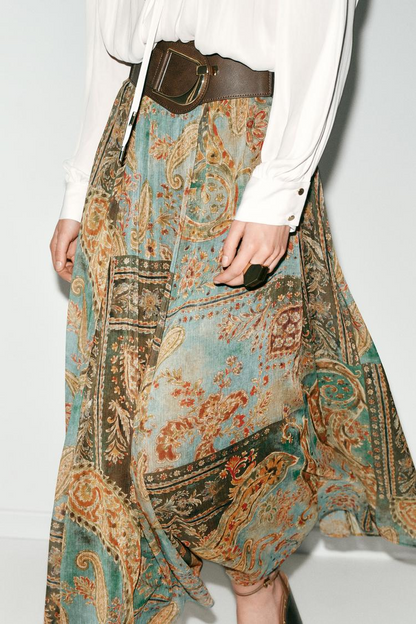 Women Clothing Summer Retro Fashionable Printed Chiffon Midi Skirt