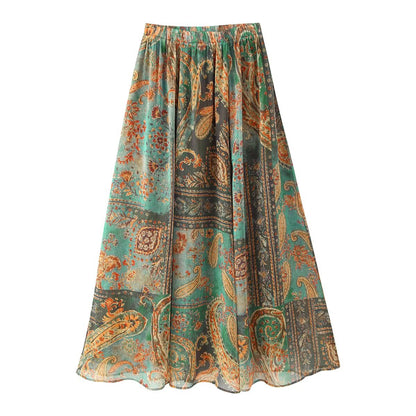 Women Clothing Summer Retro Fashionable Printed Chiffon Midi Skirt