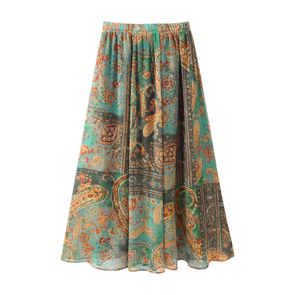 Women Clothing Summer Retro Fashionable Printed Chiffon Midi Skirt