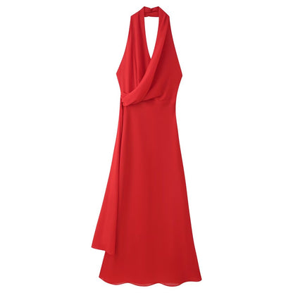 Women Clothing Slim Fit Red V neck Elegant Halter Maxi Dress