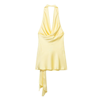 Women Clothing Halter with Belt Silk Satin Texture Mini Dress