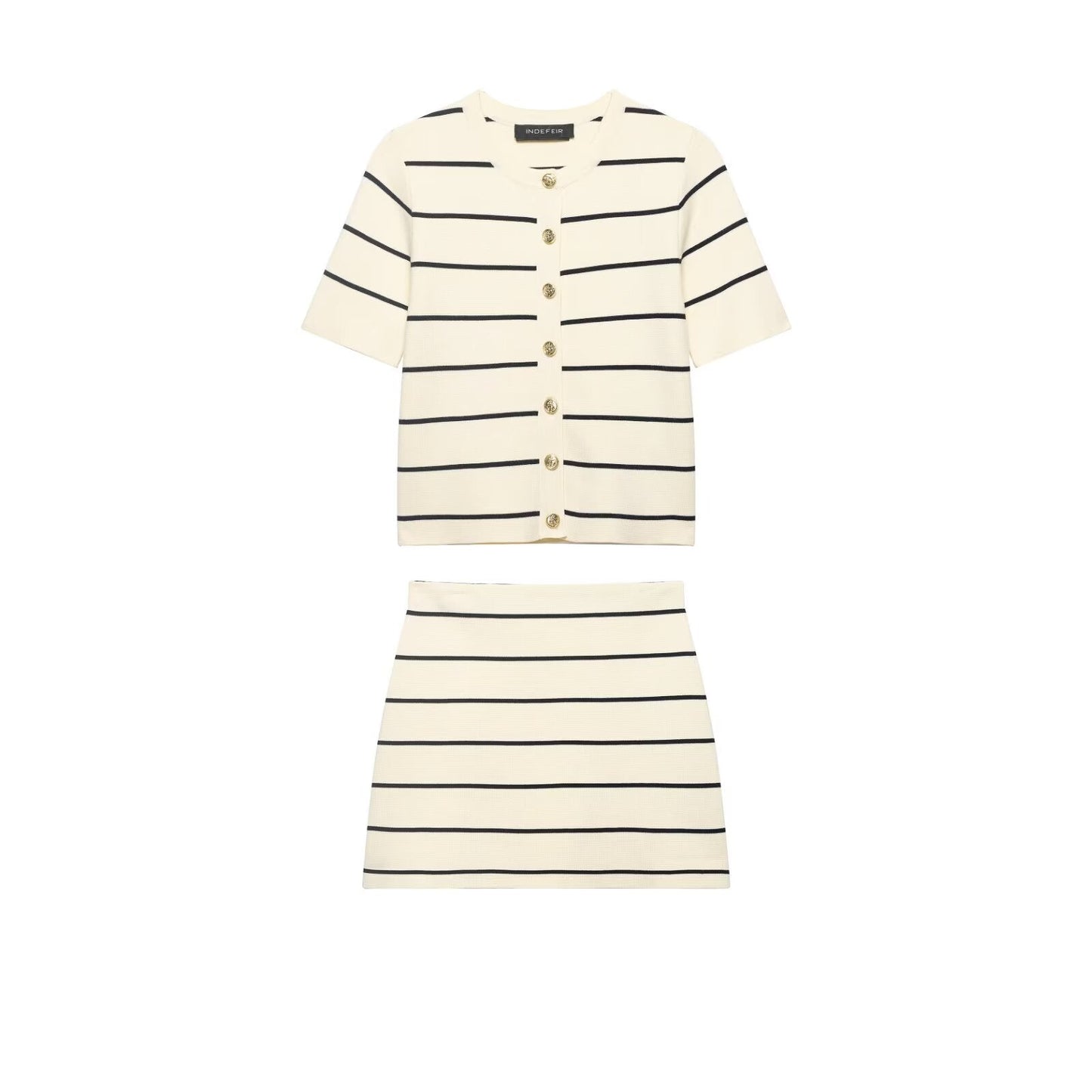 Women Striped Short Sleeved Knitted Jacket Mini Skirt Stes