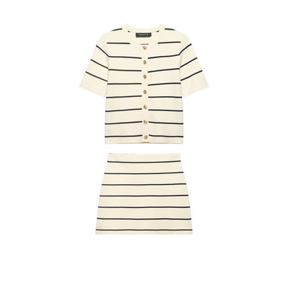 Women Striped Short Sleeved Knitted Jacket Mini Skirt Stes